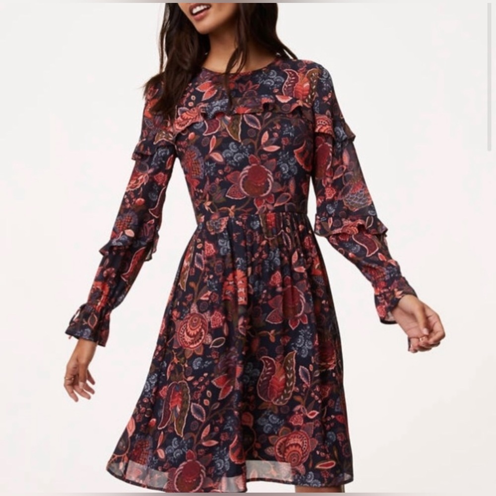 LOFT Floral Long Sleeve Dress - Red and Blue